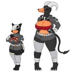 anthro armwear belt big_breasts black_body black_eyes bottomwear breasts clothing duo female generation_2_pokemon hi_res horn houndoom houndour huge_breasts jacket legwear nintendo pokeball pokemon pokemon_(species) red_eyes shirt simple_background skirt stockings tail team_rocket topwear urusee584 white_background