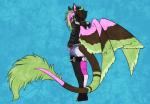 2018 alishka angel_dragon anthro avoid_posting belt biped bottomwear clean_diaper clothed clothing diaper dragon exposed_diaper eyewear fully_clothed fur glasses hair hi_res looking_at_viewer looking_back male multicolored_hair mythological_creature mythological_scalie mythology pants scalie shirt simple_background solo standing tail topwear twixxel_minty wearing_diaper wings