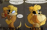 2017 angry anthro before_and_after big_breasts blonde_hair breast_growth breasts brown_background canid canine canis cheek_tuft chest_tuft cleavage clothed clothing dialogue digital_media_(artwork) domestic_dog english_text exclamation_point eye_patch eyewear facial_tuft female fur gender_transformation growth hair huge_breasts long_hair male mammal mtf_transformation multicolored_body multicolored_fur profanity question_mark scp-113 scp_foundation scratching_head simple_background solo sparkles speech_bubble standing tan_body tan_fur teeth text theawesomefoxguy transformation tuft two_tone_body two_tone_fur yellow_body yellow_fur