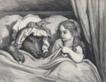 1862 19th_century ancient_art anthro bed big_bad_wolf bonnet canid canine canis child claws clothed clothing duo fairy_tales female formal_art fur furniture greyscale gustave_dore hair hat headgear headwear human little_red_riding_hood little_red_riding_hood_(copyright) looking_aside looking_at_another low_res lying male mammal monochrome nightcap on_back on_bed under_covers wolf young