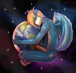 2024 angelic anthro blonde_hair blue_body blue_fur claws digital_media_(artwork) earth eyes_closed fluffy fluffy_tail fur fur_markings genitals giga hair hi_res holding_object in_space macro male mammal markings mephitid nude nude_anthro paws penis planet scarlet_side skunk solo star tail terra_macro thick_penis white_body white_fur wingfire_(m87drag) wings