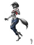 anklet anthro black_hair breasts canid canine canis clothed clothing clothing_lift feet female geckzgo glistening grey_body hair humanoid_feet jewelry latex mammal nipples pawpads paws plantigrade shirt shirt_lift simple_background solo tail topwear torn_clothing white_background wolf yellow_eyes