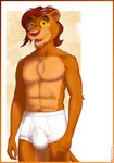 anthro associated_student_bodies briefs briefs_only brown_eyes brown_hair bulge clothed clothing daniel_king detailed_background eyewear felid glasses hair hi_res high-rise_briefs kcee lion male mammal navel pantherine pink_nose skinny_male smile solo tighty_whities topless underwear underwear_only white_briefs white_clothing white_underwear yellow_sclera