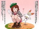 4:3 anthro attack bottomwear button_dress clothing dress female generation_8_pokemon gloria_(pokemon) habatakuhituji hat headgear headwear human japanese_text kick lagomorph mammal masochism nintendo open_mouth pokemon pokemon_(species) scorbunny text translation_request