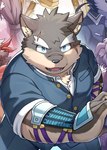 anthro armguards blue_eyes canid canine canis clothing domestic_dog eyebrows facial_scar fur grey_body grey_fur hi_res katana lifewonders male mammal melee_weapon moritaka_(tas) ponzu_tas scar school_uniform solo sword thick_eyebrows tokyo_afterschool_summoners uniform weapon