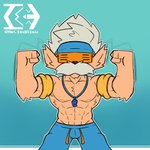 1:1 2024 4_fingers abs anthro armpit_hair biceps biped blue_background blue_clothing blue_swimming_trunks blue_swimwear body_hair clothing colored digital_media_(artwork) eyewear facial_hair fingers flexing flexing_bicep footwear fur heimerdinger_(lol) hi_res jewelry league_of_legends male meltedaisu muscular muscular_anthro muscular_male mustache navel necklace pecs riot_games simple_background sitting solo sunglasses swimming_trunks swimwear tencent triceps vein veiny_muscles watermark whistle_(object) yellow_body yellow_fur yordle