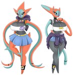 absurd_res anthro attack_forme_deoxys big_breasts black_body bottomwear breasts clothing deoxys duo female generation_3_pokemon hi_res jacket legendary_pokemon legwear nintendo pokeball pokemon pokemon_(species) red_body shirt shorts simple_background skirt speed_forme_deoxys topwear urusee584 white_background white_eyes