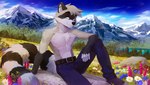 2022 anthro athletic athletic_male belt blue_eyes bottomwear chest_tuft clothed clothing denim denim_bottomwear denim_clothing detailed_background ear_piercing fingerless_(marking) fur grey_body grey_fur hi_res industrial_piercing jeans lucas_(oonracc) male mammal markings melloque mountain outside pants piercing procyonid raccoon reclining smile smirk solo striped_markings striped_tail stripes tail tail_markings topless tuft