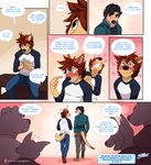 anthro biped blush canid canine canis clothed clothing comic dipstick_tail domestic_dog hair herpestid hi_res inner_ear_fluff male mammal markings meerkat rivas_(d_rivas) smile spanish_text tail tail_markings text translated tuft yuguni yuguni_(yuguni)