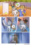 anthro ball cheetah clothed clothing comic dave_(lion21) duo ear_piercing felid feline hi_res lagomorph leporid lion21 locker_room male mammal pictographics piercing rabbit tennis_ball tennis_racket text topless undressing url