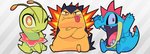 ambiguous_gender feral feraligatr fire gashi-gashi generation_2_pokemon group meganium nintendo pokemon pokemon_(species) semi-anthro starter_trio toony trio typhlosion