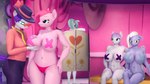 16:9 3d_(artwork) abs absurd_res anthro anthrofied blue_eyes blush bottomwear breast_grab breast_squish breasts carousel_boutique changing_room clothing covering covering_face cutie_mark digital_media_(artwork) earth_pony equid equine eyewear female fluffy fluffy_mane fluffy_tail friendship_is_magic fur glasses grey_body group hair hand_on_breast hand_on_hip hand_on_shoulder hasbro hat headgear headwear hi_res horse inside limestone_pie_(mlp) mammal marble_pie_(mlp) maud_pie_(mlp) measuring muscular muscular_female my_little_pony nipple_tape open_mouth panties pants pasties pinkamena_(mlp) pinkie_pie_(mlp) pony promotional_material purple_eyes purple_hair shirt silkworm205 source_filmmaker_(artwork) squish tail tape tape_measure topwear underwear widescreen