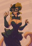 2021 anthro big_breasts black_hair breasts brown_body brown_fur claws cleavage clothed clothing conditional_dnp domestic_cat dress felid feline felis female flower fur grin hair jollyjack mammal mask plant simple_background smile solo tail tan_background tan_body tan_fur