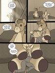 3:4 anthro biped canid canine clothed clothing comic dialogue english_text female fennec_fox fingers foshu_(character) fox freckles_(artist) hair mammal open_mouth open_smile plushie smile solo speech_bubble tail text true_fox