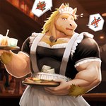 1:1 anothereidos_of_dragon_vein_r anthro arm_tuft bar beard blonde_hair body_hair chest_hair clothed clothing crossdressing equid equine equus_(anothereidos_r) facial_hair hair hi_res horse long_hair maid_uniform male mammal money muscular muscular_arms muscular_male riotaro15 solo tuft uniform wrist_tuft