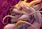 blue_body blue_fur bodily_fluids dragon eastern_dragon feral ferilla fur furred_dragon furred_scalie hair hi_res male mythological_creature mythological_scalie mythology pink_tongue saliva scalie seductive solo teeth text tongue tongue_out url white_body white_fur white_hair yellow_eyes