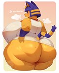 animal_crossing ankha_(animal_crossing) anthro berseepon09 big_breasts big_butt biped blue_body blue_fur blue_hair bodily_fluids border breasts butt clothed clothing dialogue domestic_cat dress english_text felid feline felis female fur hair hi_res huge_breasts huge_butt hyper hyper_butt looking_at_viewer looking_back mammal nintendo no_underwear simple_background sweat tan_background text thick_thighs yellow_body yellow_fur