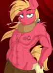 2018 abs anthro anthrofied bedroom_eyes big_macintosh_(mlp) blonde_hair bodily_fluids chewing chewing_grass clothing digital_media_(artwork) earth_pony english_text equid equine freckles friendship_is_magic green_eyes hair half-closed_eyes hasbro heart_symbol horse jrvanesbroek looking_at_viewer male mammal muscular muscular_anthro muscular_male my_little_pony narrowed_eyes navel object_in_mouth pony seductive smile solo sweat tattoo text vein wheat