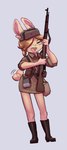Rating: s
ID: 3956337
Date: 2023-03-27 12:11:16 -0400
Status: active
Score: 43
2019 absurd_res anthro army army_uniform bag black_boots black_clothing black_footwear bolt_action bolt_action_rifle boots bottomwear brown_hair chibi clothing collared_shirt costume denselynx domestic_rabbit dress_shirt ears_up eyes_closed female footwear formal_wear freckles fur glistening glistening_hair gun hair happy hat headgear headwear hi_res holding_gun holding_object holding_ranged_weapon holding_rifle holding_weapon hunting_rifle lagomorph leporid mammal markings military military_uniform miniskirt mosin-nagant oryctolagus pink_inner_ear pouches rabbit ranged_weapon rifle rifle_sling russia russian satchel scut_tail shirt shoes short_hair short_tail simple_background size_difference skirt smaller_female smile sniper_rifle soldier solo soviet_union spots spotted_body spotted_fur standing tail tail_motion tailwag tan_body tan_clothing tan_fur topwear uniform ushanka warrior water_canteen weapon white_background world_war_2 yulia_(bakedbunny) post #3956337
