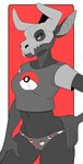 anthro bone breasts charmsey clothed clothing female hand_on_hip hi_res horn navel nintendo partially_clothed pokeball pokeball_clothing pokemon simple_background skull skull_head solo standard_pokeball standing teeth topwear underwear unknown_species