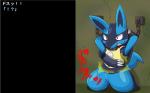 16:10 ambiguous_gender anthro bound canid canine chain dialogue duo generation_4_pokemon hukitsuneko japanese_text kick kneeling lucario mammal nintendo pokemon pokemon_(species) red_eyes semi-anthro simple_background tail text translated widescreen