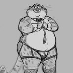 2024 anthro belly benjamin_clawhauser big_belly big_cheeks blush bow_tie bulge cheetah chubby_cheeks clothing cuff_(restraint) daichi_akimichi disney felid feline garter_belt garter_straps handcuffs lingerie male mammal metal_cuffs monochrome moobs navel overweight overweight_anthro overweight_male restraints simple_background solo underwear zootopia