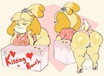 2020 accessory afterimage aloha_shirt animal_crossing anthro bedroom_eyes bell bent_over bent_over_structure big_breasts big_butt bite biting_lip biting_own_lip black_nose blonde_hair blush blush_stickers bodily_fluids booth booth_(structure) breasts bursting_out butt butt_focus button_(fastener) canid canine canis clothed clothing coin digital_media_(artwork) domestic_dog elbow_on_table english_text female footwear front_and_back front_view fur genitals hair hair_accessory heart_symbol hearts_around_text hi_res high_heels huge_butt inviting isabelle_(animal_crossing) kissing_booth leaning leaning_forward leaning_on_elbows leaning_on_table lidded_eyes mammal money multiple_angles narrowed_eyes nintendo panties pattern_clothing pattern_shirt pattern_topwear pink_clothing pink_panties pink_underwear plantigrade platform_footwear platform_heels presenting presenting_hindquarters purple_yoshi_draws pussy rear_view seductive self_bite shih_tzu shirt shoes short_stack sign simple_background simple_eyes skindentation solo standing straining_buttons sweat sweatdrop sweaty_butt tail tail_motion tailwag text text_with_heart thick_thighs three-quarter_view topwear toy_dog underwear vendor_stand wide_hips yellow_body yellow_fur