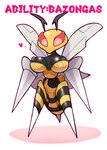 2018 antennae_(anatomy) anthro arthropod arthropod_abdomen big_breasts breasts english_text female generation_6_pokemon heart_symbol insect_wings masha mega_beedrill mega_evolution nintendo nipples pokemon pokemon_(species) red_eyes simple_background solo standing text white_background wings