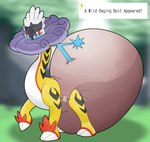 ambiguous_gender ancient_pokemon big_diaper blurred_background clothed clothing diaper english_text excessive_feces feces feral fur generation_9_pokemon gl1tchedpup hyper hyper_feces hyper_soiling long_neck looking_at_viewer nintendo paradox_pokemon pokemon pokemon_(species) pooping purple_eyes raging_bolt soiled_diaper soiling soiling_diaper solo text text_box unclean_diaper used_diaper wearing_diaper white_body white_fur yellow_body yellow_fur