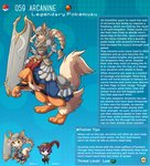 alternate_species arcanine armor blue_background canid canid_taur canine canine_taur clothed clothing description female generation_1_pokemon hi_res human humanoid_taur id_number information information_box information_section kinkymation knight mammal mammal_taur nintendo number pokemon pokemon_(species) pokemon_taur pokemorph shield signature simple_background species_description species_name species_sheet taur text text_box tower_shield warrior