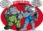 2009 anthro barefoot bottomwear bruno_rhynox clothing duo english_text feet footwear grey_body grey_nipples grey_skin hi_res male mammal musclegut muscular muscular_anthro muscular_male nipples pants rhinoceros shirt shirtless shoes shorts speech_bubble text tomcat_(artist) topwear