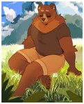 4_fingers 4_toes anthro bear blais border bottomwear brown_body brown_fur brown_inner_ear_fluff brown_nose clothed clothing cloud eyes_closed feet fingers fur grass hi_res illustration inner_ear_fluff male mammal neck_tuft outside plant punkinbuu shirt shorts sitting solo toes topwear tuft white_border