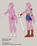 absurd_res anthro artemis_(bluebirdoasis) back_boob bluebirdoasis breasts butt canid canine canis english_text exposure_variation female fur hi_res mammal melee_weapon model_sheet nude pink_body pink_fur rear_view solo sword text weapon wolf