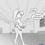 1:1 anthro barefoot biped butt clothed clothing detailed_background english_text feet female female_anthro flashing hi_res lagomorph leporid lola_bunny looking_at_viewer looking_back looking_back_at_viewer looney_tunes mammal no_underwear pawpads paws plantigrade rabbit reyn_goldfur soles solo text toes warner_brothers