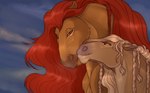 braided_hair closed_smile disney duo equid equine female feral fur hair hi_res horse huskii-s male mammal mane mouth_closed mufasa narrowed_eyes orange_body orange_fur red_eyes red_mane sarabi_(the_lion_king) signature slight_smile smile tan_mane the_lion_king