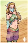 bedroom_eyes blonde_hair breath_of_the_wild desert erect_nipples female gerudo_outfit hair hands_behind_back hi_res humanoid hylian jewelry long_hair midriff narrowed_eyes navel navel_piercing necklace nintendo nipple_outline nipples not_furry piercing princess_zelda seductive skinny solo standing the_legend_of_zelda tomthefool veil