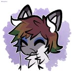 1:1 anthro black_ear_tips black_eyes blue_eyelids dipstick_ears ear_markings fur grey_body grey_fur hair hi_res horn male male_(lore) male_anthro manokit marszala mauzymice multicolored_ears multicolored_hair purple_background purple_text rainbow_hair signature simple_background solo text white_background white_body white_fur white_horn white_inner_ear