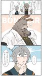 anthro bear ben_bigger blush bottomwear brown_body brown_fur clothing comic duo facial_scar fake_ears fake_rabbit_ears fur goya_1231 green_eyes grey_hair hair hi_res human jacket japanese_text jewelry male male/male mammal mihoyo missing_eye necklace pants scar text topwear white_bottomwear white_clothing white_jacket white_pants white_topwear wise_(zenless_zone_zero) zenless_zone_zero