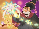 anthro benki_wars candy cigar clothing dessert english_text facial_scar felid food halloween hat headgear headwear holidays lieutenant_trouser magic_staff male mammal object_in_mouth one_eye_closed pantherine ramune1312 scar smoking smoking_cigar solo text tiger wink wizard_costume wizard_hat