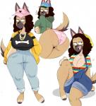 :3 anthro big_breasts breasts butt canid canine clothed clothing ear_piercing english_text eyewear female glasses gold_(metal) gold_tooth golf_wang hat headgear headwear hi_res humanoid_pointy_ears hypebae_(jinu) jewelry jinu legwear mammal necklace nike nipples odd_future overalls piercing shirt solo text text_on_clothing text_on_hat text_on_headwear text_on_shirt text_on_topwear topwear underwear