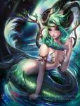 anthro art_nouveau astrological_symbol branch breasts capricorn_(symbol) capricorn_(zodiac) circlet female green_eyes green_hair hair hi_res horn humanoid_pointy_ears leaf marine merfolk naturally_censored personification sakimichan sea_goat solo split_form symbol water western_zodiac western_zodiac_symbol