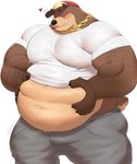 2024 anthro arm_hair barazoku bear belly belly_overhang big_belly blush body_hair bottomwear bulge chain_necklace clothing hi_res holding_belly jewelry male mammal multicolored_hat musclegut muscular muscular_male necklace nelson_bear nipple_outline overweight overweight_male pants same22shark shirt smile solo sweatpants t-shirt tail topwear