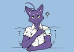 2018 anthro beverage clothing domestic_cat felid feline felis fur inquisitive kori-nio looking_at_viewer male mammal morenatsu purple_body purple_fur shin_(morenatsu) shirt solo topwear yellow_eyes