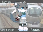 2024 4:3 anthro black_pawpads blue_clothing blue_topwear blue_vest bottomwear canid canine canis clothing english_text feet fungus fur gotosenzan green_scarf grey_body grey_bottomwear grey_clothing grey_fur grey_shorts hand_behind_back heterochromia hi_res humanoid knee_pads lucas_yuan_ww male mammal mushroom navel navel_outline pawpads scarf shorts side_view solo text topwear train transformation vehicle vest white_feet white_hands wolf young