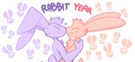 ambiguous_gender anthro cheek_tuft chest_tuft chinese_zodiac duo eyes_closed facial_tuft fur heart_symbol hi_res hug kissing lagomorph leporid mammal orange_body orange_fur purple_body purple_fur rabbit simple_background smile tuft xing1 year_of_the_rabbit