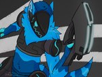 anthro blue_body fur gun hi_res machine male protogen ranged_weapon simple_background solo valor_koa_(artist) weapon