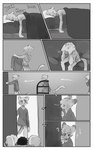 2023 absurd_res anthro border building comic confusion dialogue digital_media_(artwork) dressing_up felid feline hi_res house male mammal monochrome opening_door solo sonofan waking_up walking white_border