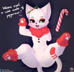 absurd_res ambiguous_gender bed blush candy candy_cane dessert domestic_cat fangs featureless_crotch felid feline felis feral food furniture hi_res holly_(plant) junipurr lying mammal paws plant senz solo teeth text url