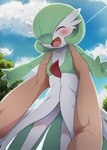 blush bodily_fluids dagasi duo eyes_closed female gardevoir generation_3_pokemon happy hi_res human humanoid larger_male lifted male mammal nintendo not_furry open_mouth pokemon pokemon_(species) size_difference smaller_female solo_focus sweat young young_female young_humanoid