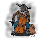 ambiguous_gender anthro avian barefoot beak blue_bottomwear blue_clothing blue_pants bottomwear bowed_string_instrument brown_clothing brown_shirt brown_topwear cape cello clothing digital_media_(artwork) dungeons_and_dragons feathers feet grey_cape grey_clothing hasbro icon jaki_sila kenku knapsack musical_instrument pants playing_cello playing_music shadow shirt signature simple_background solo string_instrument symbol topwear wizards_of_the_coast